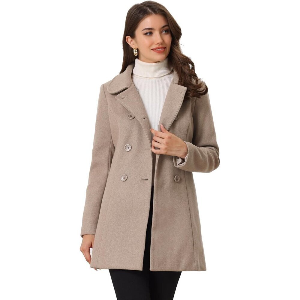 🆕Womens Dark Beige Peter Pan Collar Double Breasted Winter Long Trench Pea Coat